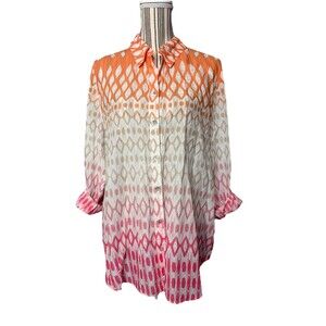 Chico’s Ombre Button Front Tunic Shirt pink Orang Cotton ROLL Sleeve Sz 3 XL